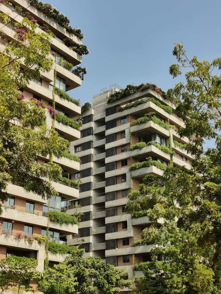 Apartment towers with planted balconies
